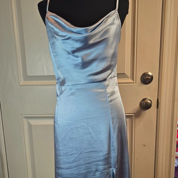 AIGEMAN Women Spaghetti Strap Sexy Maxi Dress Ruched High Slit Dress Sz: S Blue - Picture 5 of 11